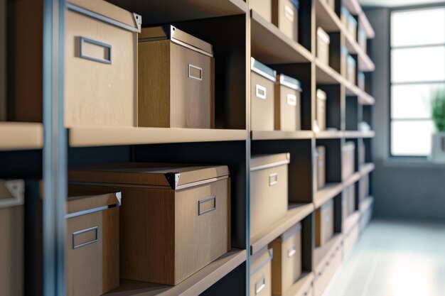 Photo rows of sturdy beige storage boxes on shelves wellorganized and bathed in soft natural light from a nearby window