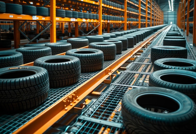 Rows of Tires Lined Up in a Warehouse