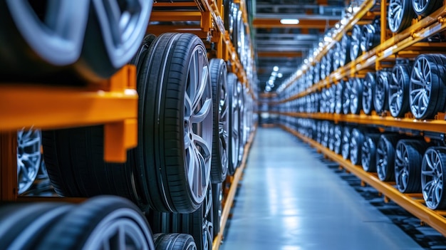 Photo rows of tires in a warehouse