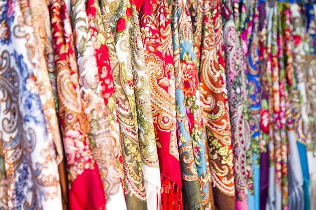 Rows Of Traditional Russian Colorfull Scarfs And Headscarfs. wellknown Souvenir From Russia.