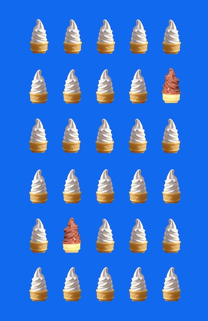 Rows of Two Types Soft Serve Ice Cream Cones Pattern on Blue Background