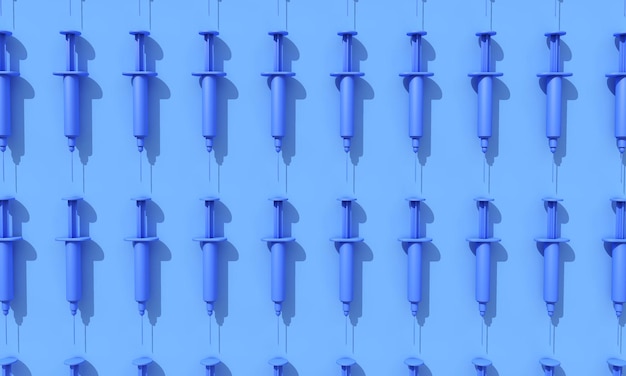 Rows of vaccination syringes lined up on a blue background d rendering