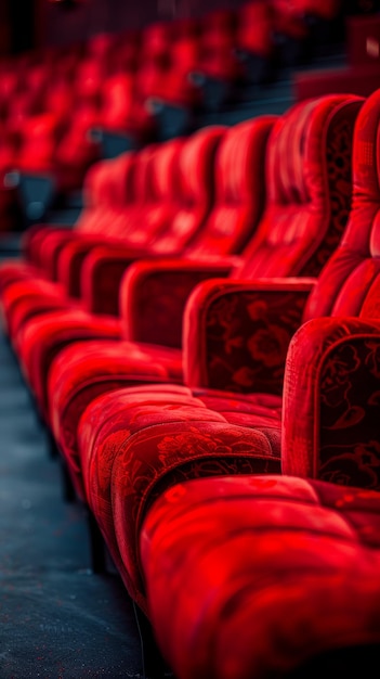 Photo rows of vibrant red theater seats in an empty auditorium with soft lighting and focus on textures