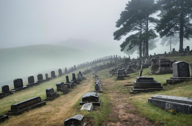 Photo rows of weathered graves on a misty hill