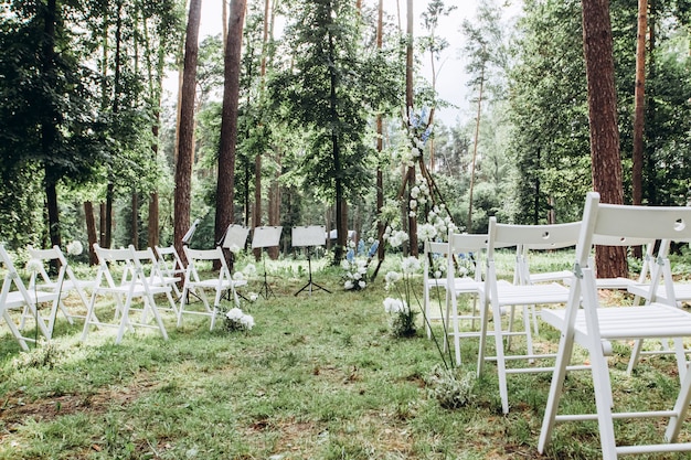 Rows of white chairs on a lawn in a pine forest