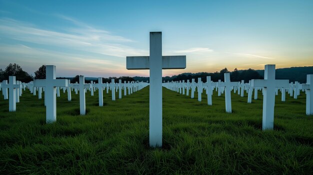 Photo rows of white crosses in a cemetery at sunset