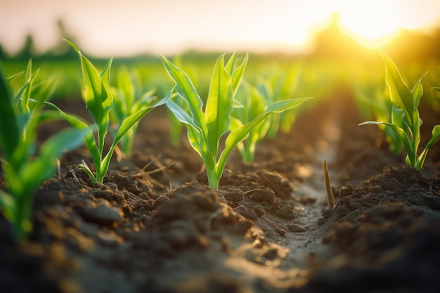 Rows of young corn plants growing on the field Generative AI