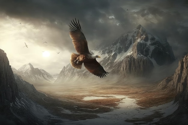 Royal bird in flight soaring above dramatic landscape