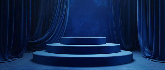 A royal blue velvet podium featuring a lush empty display area for a luxurious product