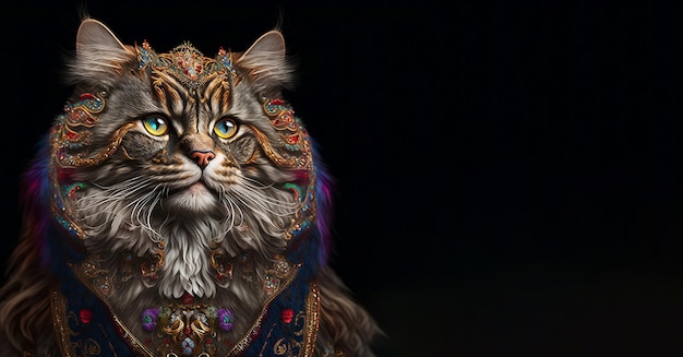 The Royal cat luxury dress costume Close up Portrait King cat with throne and crown Generative AI