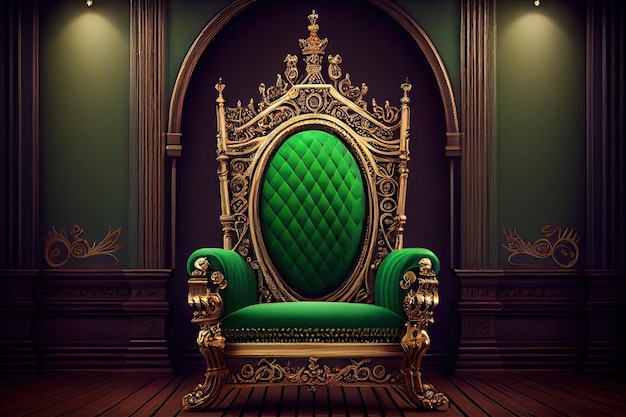 Royal Crown atop an Empty Gold Throne of Fantasy and Ancient Art in a Castle of Splendor