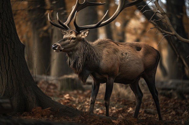 A royal deer with big antlers in the woods AI generated