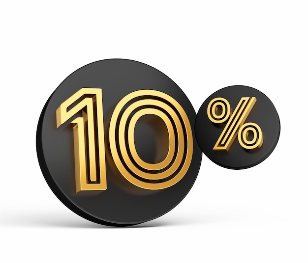 Royal Gold Modern Font Elite 3D Digit Letter 10 Ten percent on Black 3d button icon 3d Illustration