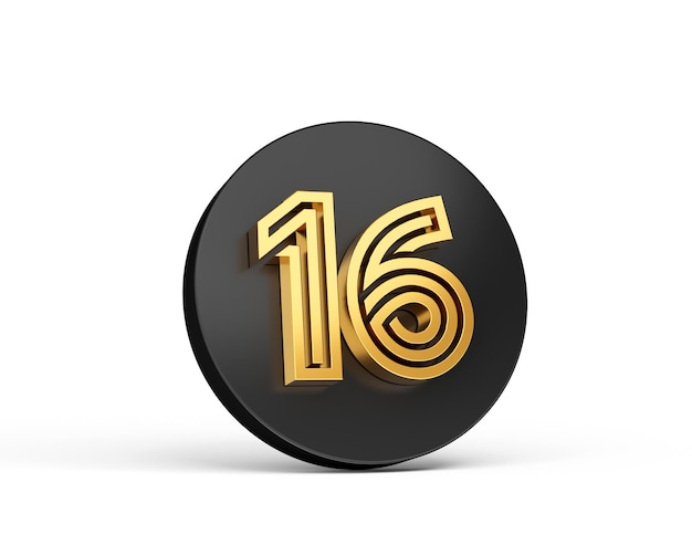 Royal Gold Modern Font Elite 3D Digit Letter 16 sixteen on Black 3d button icon 3d Illustration