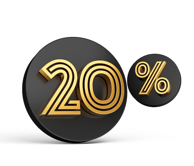 Royal Gold Modern Font Elite 3D Digit Letter 20 Twenty percent on Black 3d button icon 3d