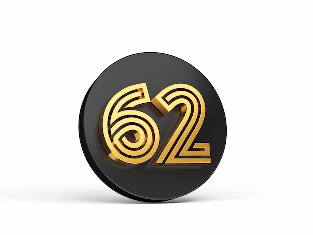 Royal Gold Modern Font Elite 3D Digit Letter 62 Sixty two on Black 3d button icon 3d Illustration