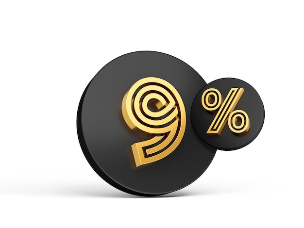 Royal Gold Modern Font Elite 3D Digit Letter 9 Nine percent on Black 3d button icon 3d Illustration