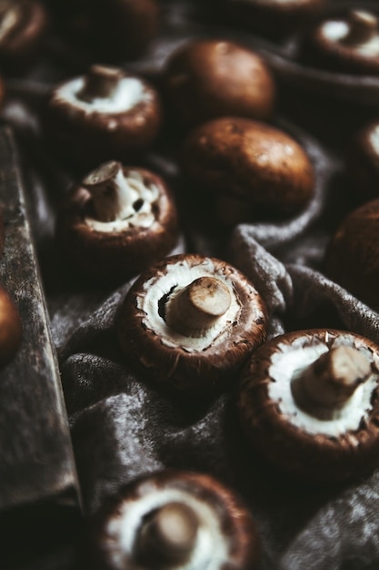 Royal mushrooms on a kitchen towel. Cooking of dishes