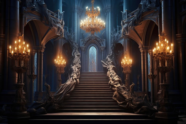 Royal palace hallway Ai With stairs at night