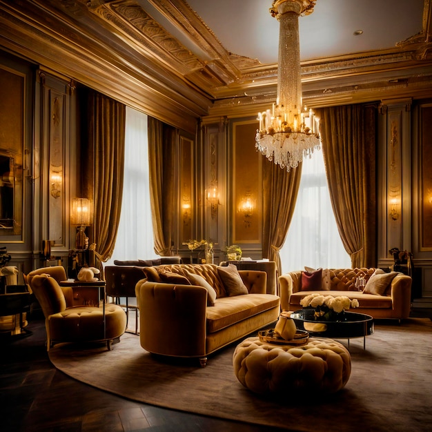 a royal palace suite with gold accents plush velvet upholstery and opulent decor