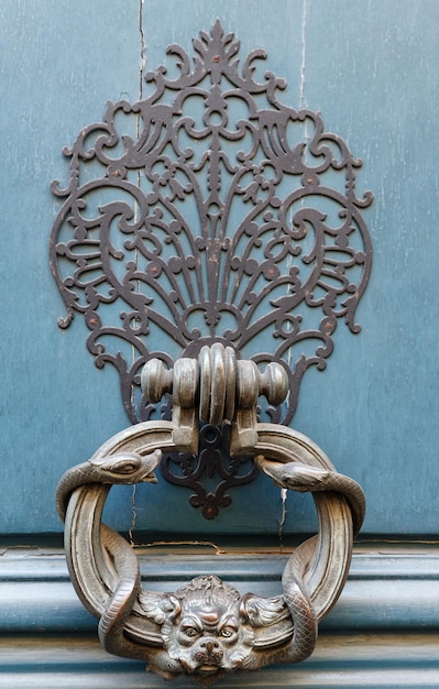 Royal style doorknocker on turquoise door Paris