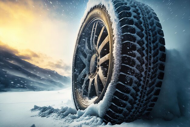 Rubber automobile tire up close in thick snow transportation and safety idea