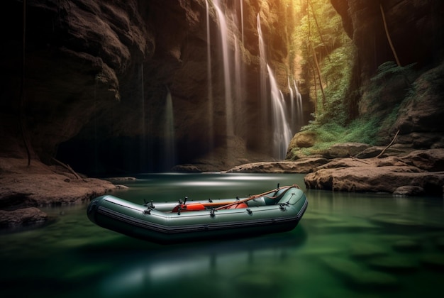 Rubber boat under the gentle flow of a waterfall longexposure generative ai