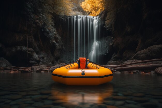 Rubber boat under the gentle flow of a waterfall longexposure generative ai