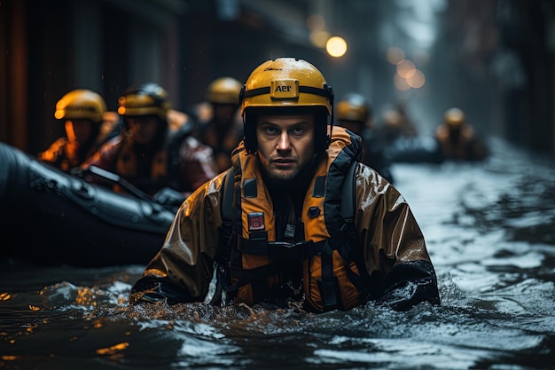 Rubber boat rescue team assisting people stranded on the roof of a flooded building amidst a severe storm and heavy rain