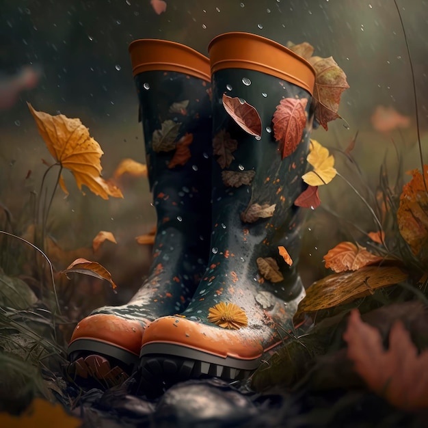 Rubber boots in autumn rain