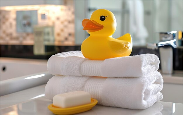 Photo rubber duck on towel by bathtub