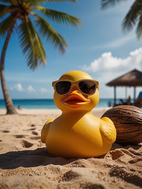 Rubber duck wearing sunglasses and sitting on the sand with coconut trees and the beach behind him