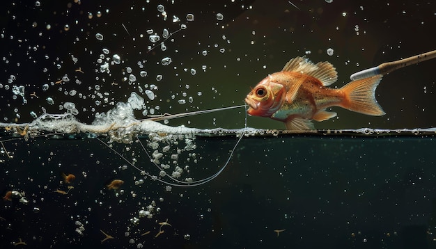 Photo rubber fish with fishing hook floats water used by experienced angler