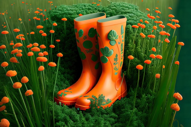 Rubber garden boots protection shoes waterproof footwear or working uniform Generative Ai