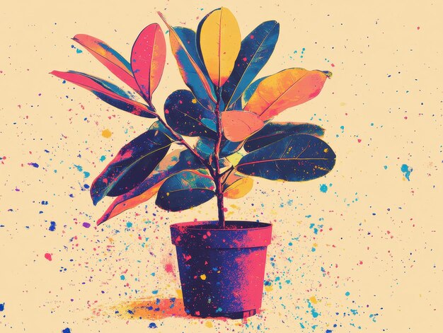 Photo rubber plant ficus elastica illustration in colorful pop art style