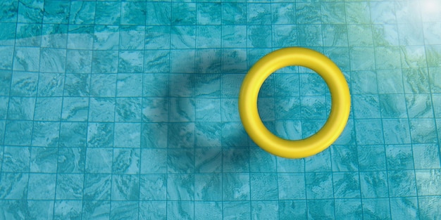 Rubber ring swimming pool blue green color waving texture background circle round yellow orange copy