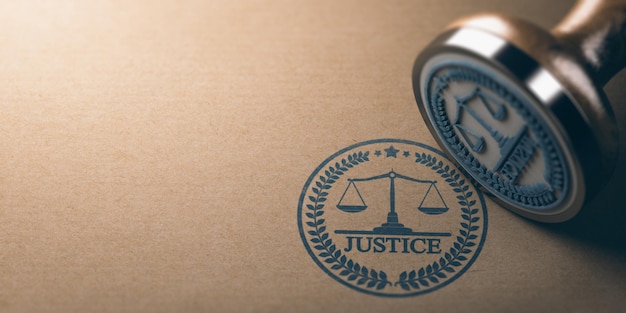 Rubber stamp with the word justice printed on kraft paper background with copy space