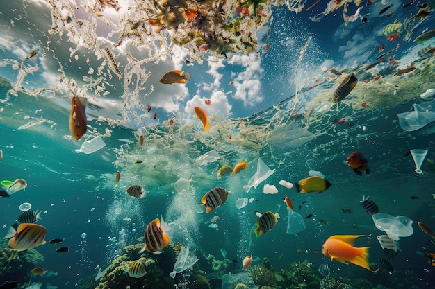 Photo rubbish trash plastic underwater with fish swimming around