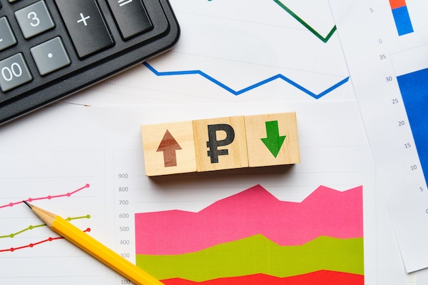 Ruble currency rising and falling dynamics concept with arrows.