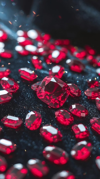 Photo rubyred gemstones on dark velvet macro dazzling light