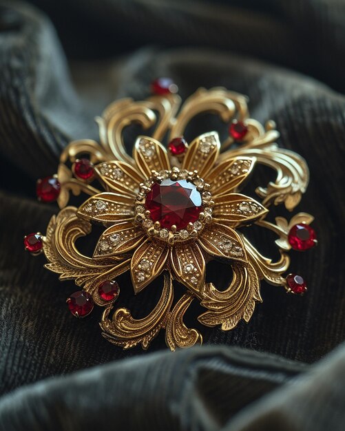 RubyStudded Brooch In Gold On A Dark Velvet Background