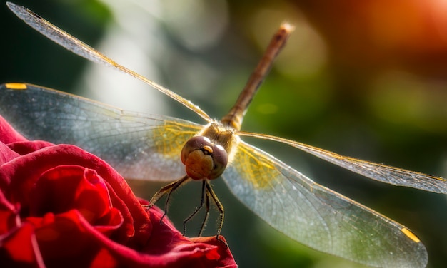 Ruddy Darter Dragonfly Sits on a rose flower, close-up, selective focus.