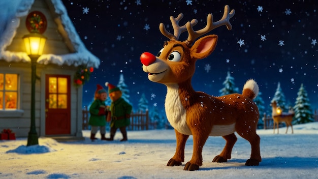 Photo rudolph standing proudly in front of cottage generated by ai