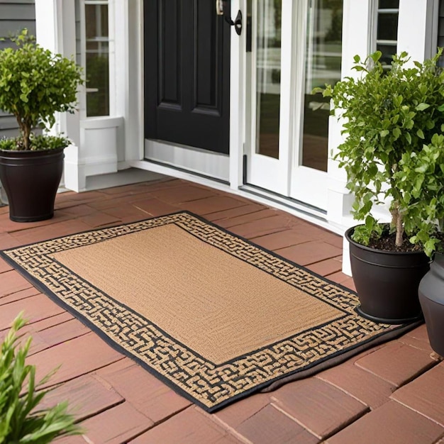 a rug on a patio has plants and plants in pots