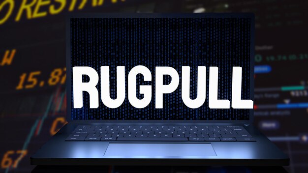 The rug pull on notebook for cryptocurrency crime concept 3d renderingxA