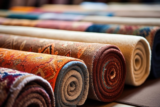 Rug store offers diverse carpet selection rolled up