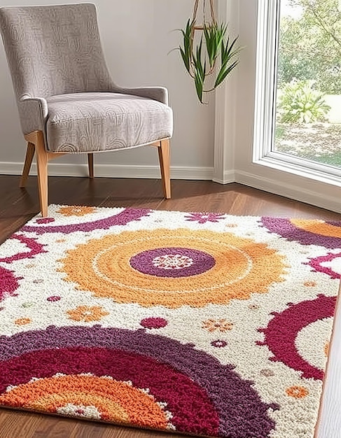 a rug with a colorful design on it sits in a living room