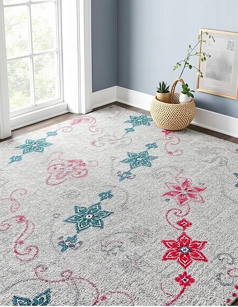 a rug with a flower on it and a pot of flowers on the floor