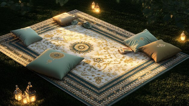 Photo a rug with pillows and pillows on it and a fire on the ground