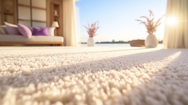 a rug with a white carpet with a picture of a house and a window